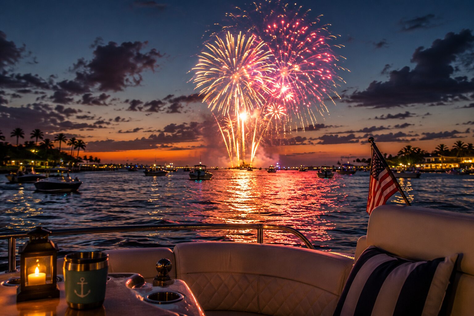Fireworks over the waterway at dusk